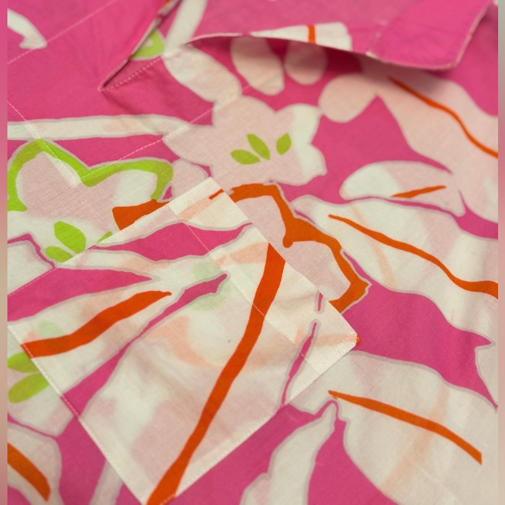 Natori Pink Floral Cotton Blouse | Tropical Print Relaxed Top Size M - Picture 8 of 12